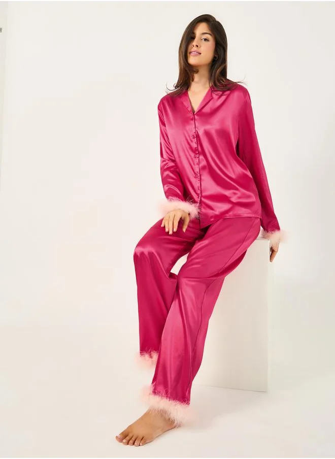 Styli Faux Feather Trim Buttoned Shirt and Pyjama Set