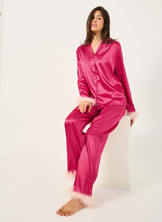 Styli Faux Feather Trim Buttoned Shirt and Pyjama Set  - Image 1