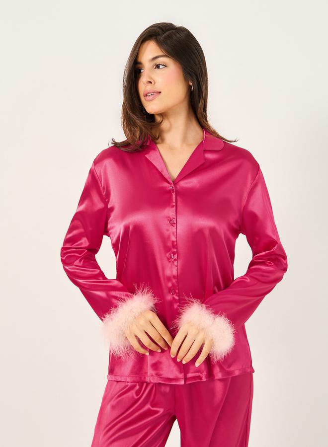 Styli Faux Feather Trim Buttoned Shirt and Pyjama Set  - Image 3