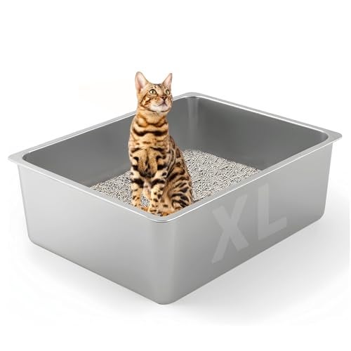 Tondid Stainless Steel Cat Litter Box - XL Metal High Sided Cat Pan Tray, Easy to Clean Non Stick Odorless Large Pet Toilet Supplies for Big Cats Kitty Kitten, 23.6 x15.75 x6 Inch, Silver - Image 1