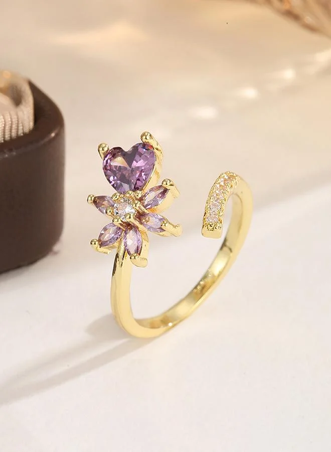 Take Two  Gold Tone Adjustable Flower Heart Ring with Zircons for Women | Best Price UAE