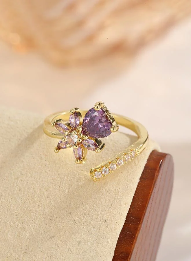 Take Two  Gold Tone Adjustable Flower Heart Ring with Zircons for Women | Best Price UAE