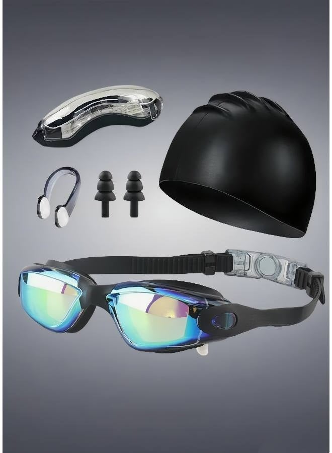 5-in-1 Anti-Fog Swimming Goggles - Goggle Set with Swimming Cap, Earplugs, Nose Clip, Leak-Proof Goggles - Waterproof Swimming Goggles that Can Effectively Block Ultraviolet Rays - Suitable for Men, W