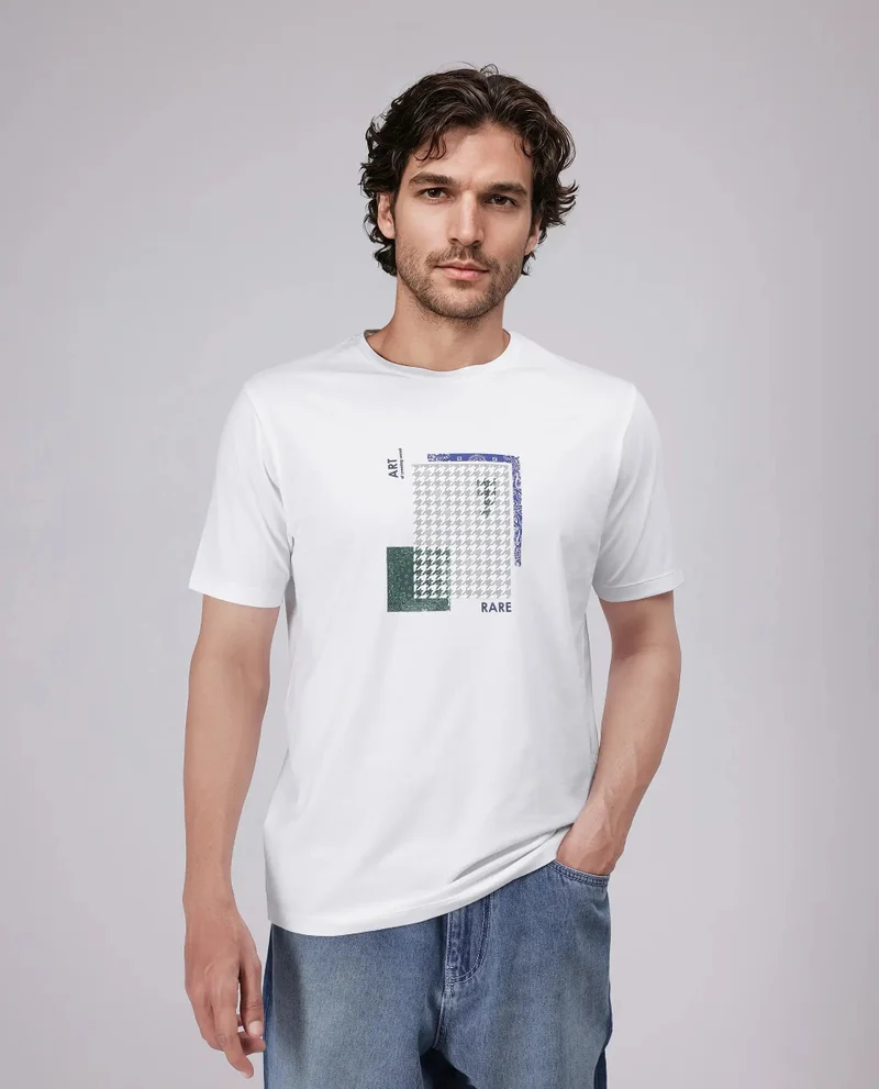 رير رابِت Rare Rabbit Men's Toid White Cotton Blend Fabric Half Sleeve Crew Neck Regular Fit Graphic Print T-Shirt