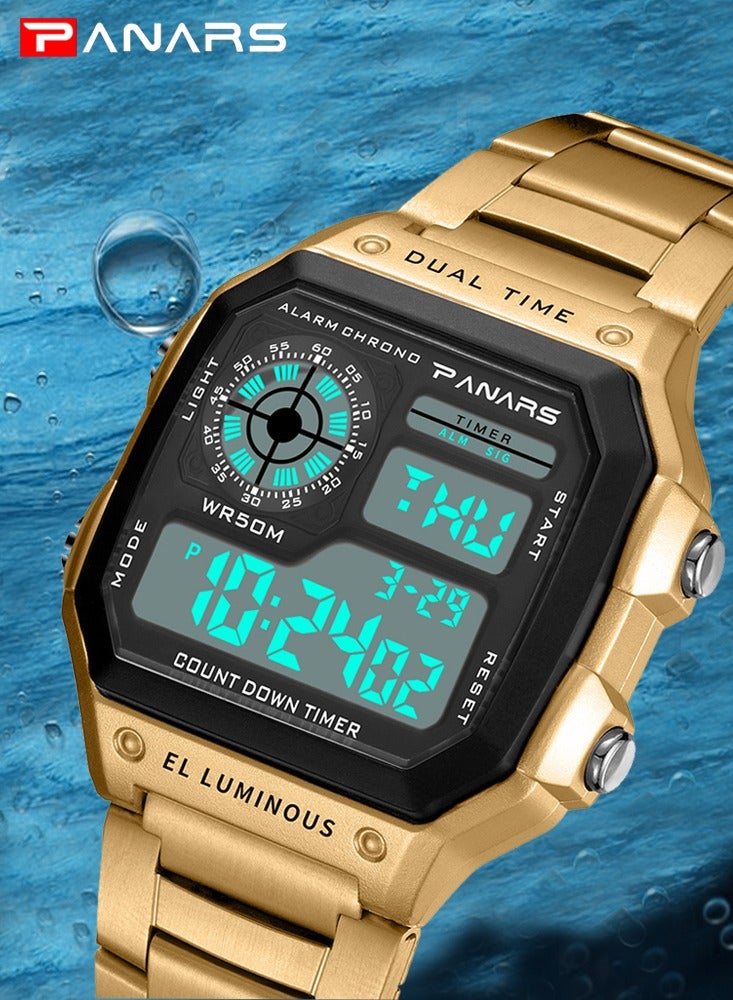 بانارس ساعات رجالية رياضية بسوار من الفولاذ المقاوم للصدأ، ساعة يد رقمية LED مقاومة للماء للرجال، ساعة إلكترونية عصرية وعصرية - Image 5