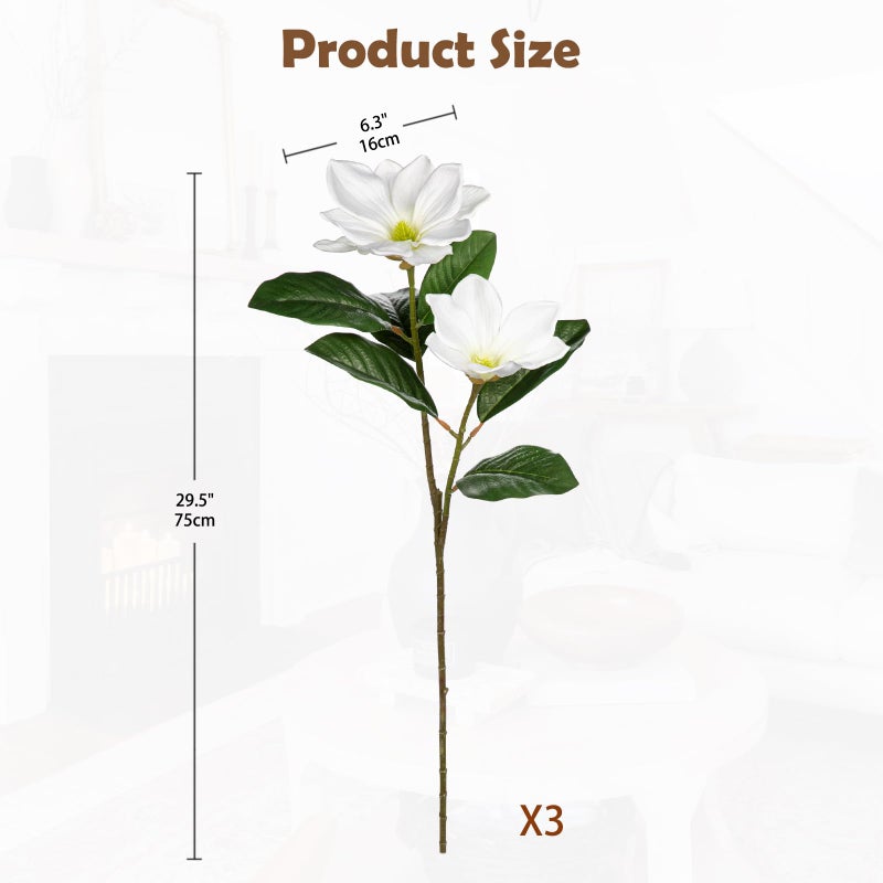 Briful Artificial Magnolia Flower Stems â€“ 3PCS 29.5" Tall Faux White Magnolia Branches with Silk Flowers Realistic Floral Arrangements for Home Wedding Bouquets Vase Farmhouse Decor - Image 2