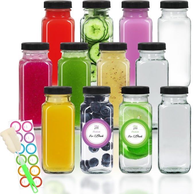 8 OZ GLASS JUICE BOTTLES WITH LIDS 12 PACK SQUARE REUSABLE DRINKING JARS FOR JUICING MILK KOMBUCHA INCLUDES 1 BOTTLE BRUSH 12 COLORED LABELS