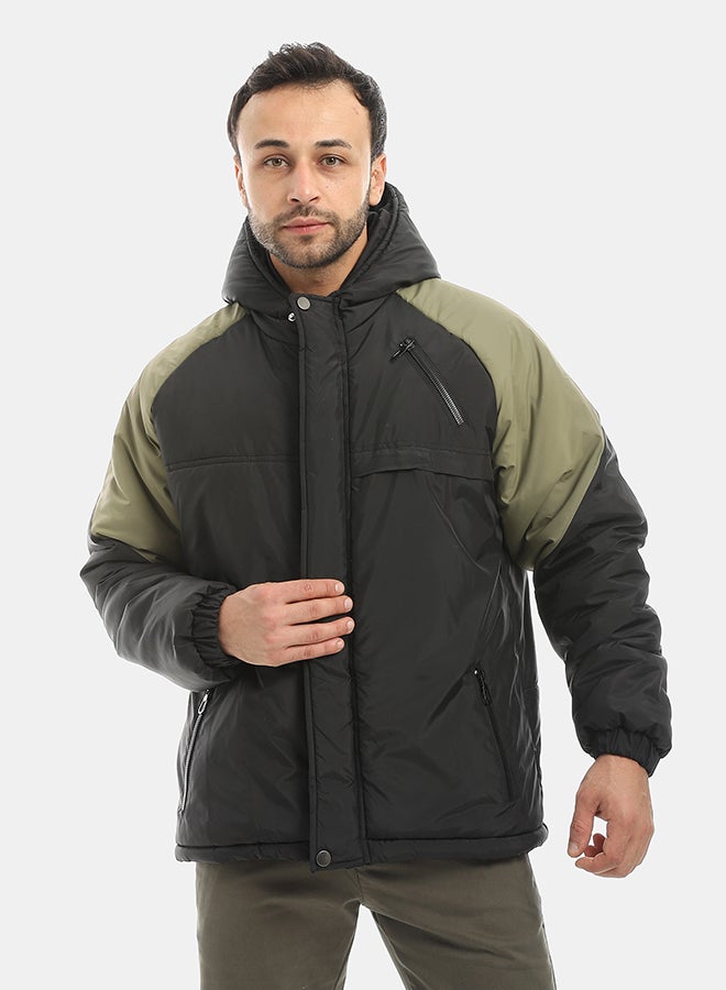 Andora جاكيت بسحاب إغلاق مقاوم للماء بغطاء رأس - أسود وأخضر فاتح - Image 1