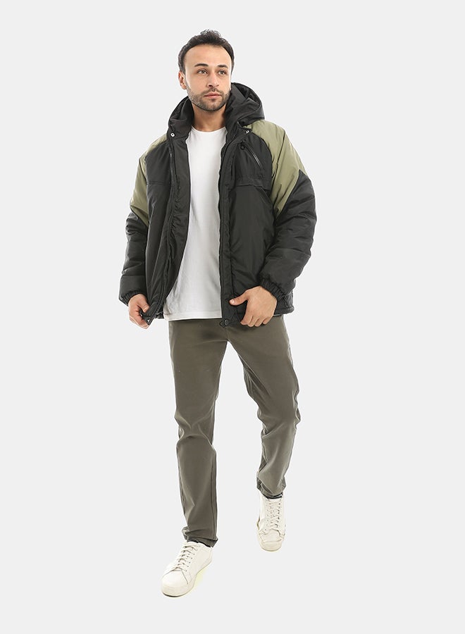 Andora جاكيت بسحاب إغلاق مقاوم للماء بغطاء رأس - أسود وأخضر فاتح - Image 5