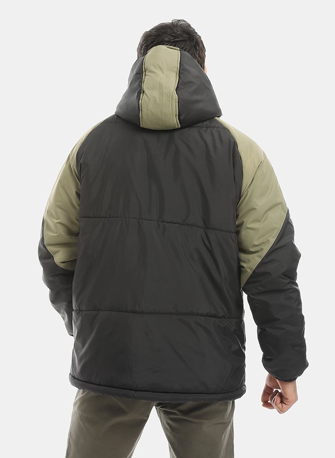 Andora جاكيت بسحاب إغلاق مقاوم للماء بغطاء رأس - أسود وأخضر فاتح - Image 3