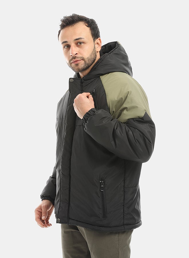 Andora جاكيت بسحاب إغلاق مقاوم للماء بغطاء رأس - أسود وأخضر فاتح - Image 2