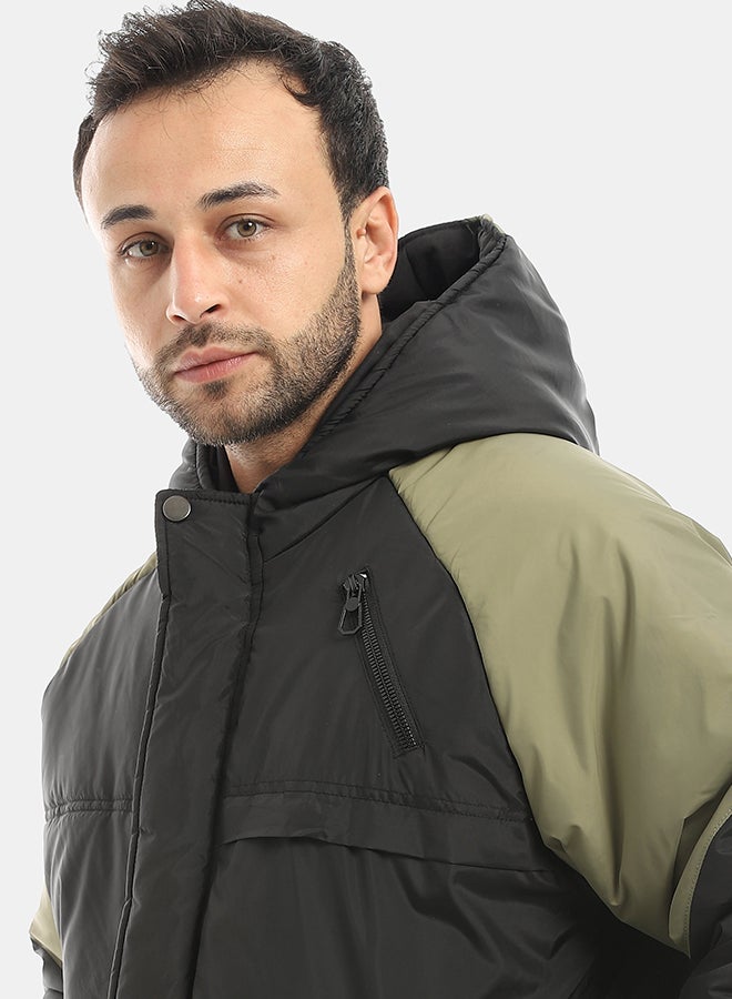 Andora جاكيت بسحاب إغلاق مقاوم للماء بغطاء رأس - أسود وأخضر فاتح - Image 4