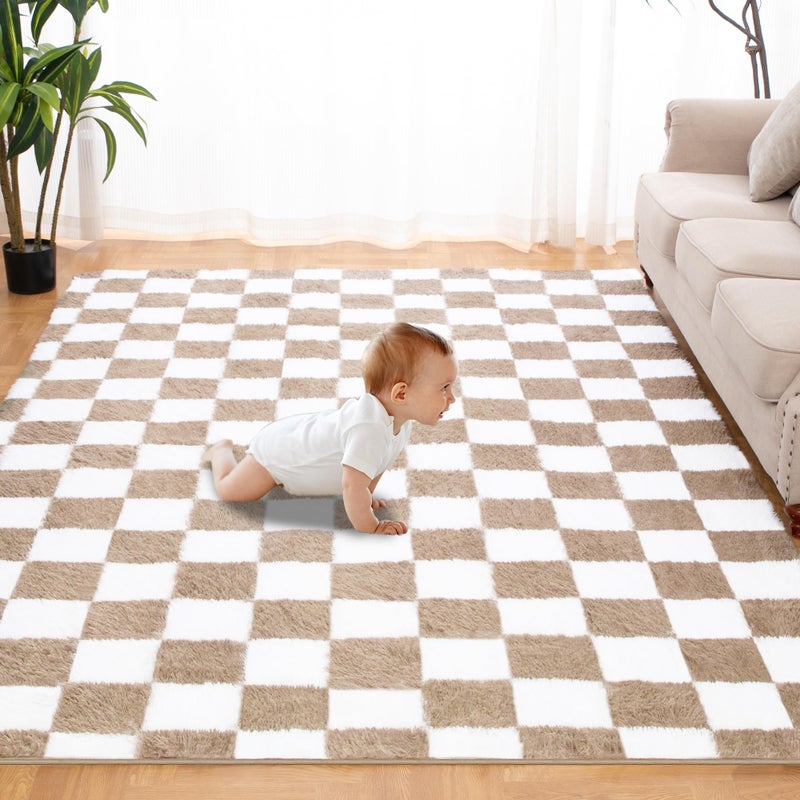 TOOHUB Super Soft Rug for Bedroom, 6x9 Ft Beige and White Area Rug Classic Checkered Shaggy Anti-Skid High Pile Soft Fluffy Rug Fuzzy Carpet for Living Room Bedroom Kids Room Nursery, Dorm Home Decor - Image 1