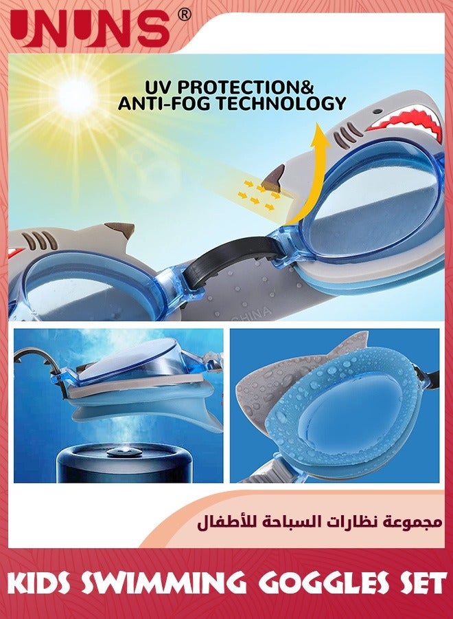 UNUNS Kids Swimming Goggles Set,Anti Fog Swim Goggles With Ear Plugs And Nose Clip,No Leaking Clear Vision Swimming Goggles,Birthday Gift For Children Boys Girls 3-15,Blue Shark - Image 3