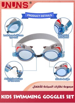 UNUNS Kids Swimming Goggles Set,Anti Fog Swim Goggles With Ear Plugs And Nose Clip,No Leaking Clear Vision Swimming Goggles,Birthday Gift For Children Boys Girls 3-15,Blue Shark  - Image 2