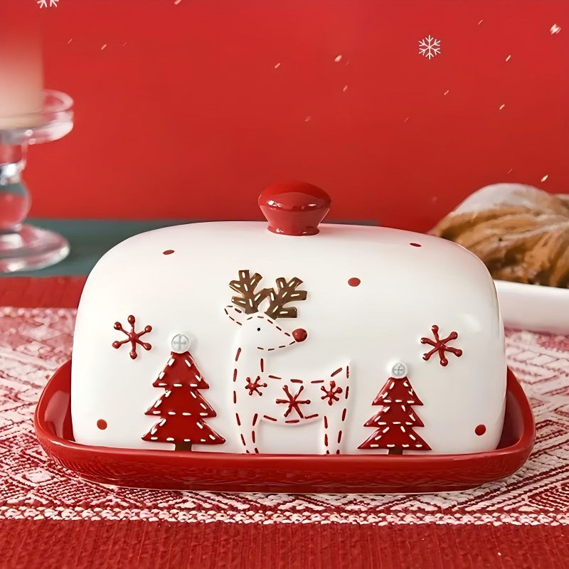 طبق زبدة خزفي بموضوع عيد الميلاد بتصميم شجرة وحيوان الرنة - Image 2