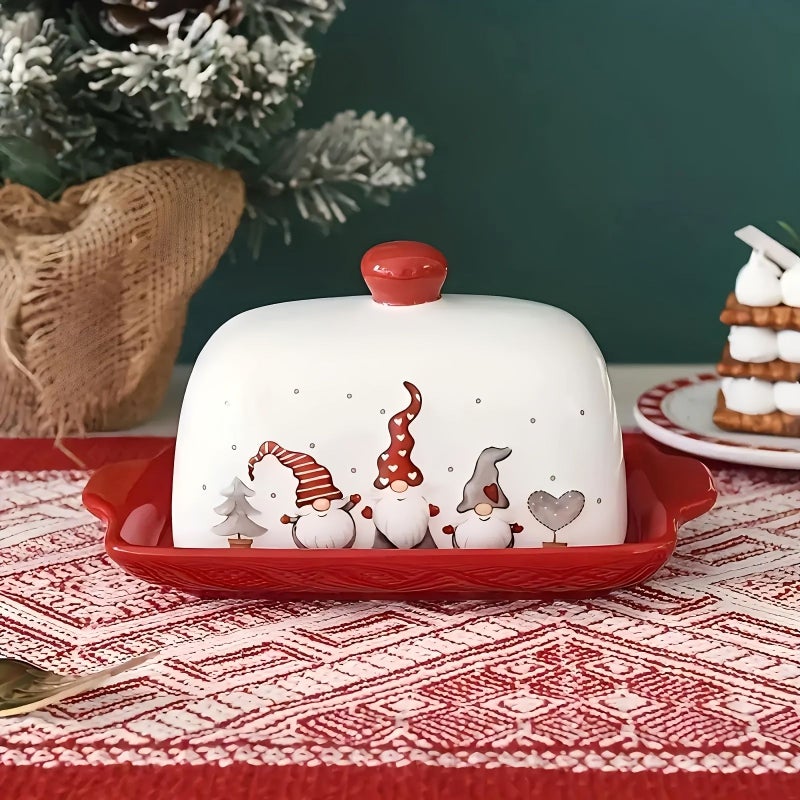 طبق زبدة خزفي بموضوع عيد الميلاد بتصميم شجرة وحيوان الرنة - Image 4