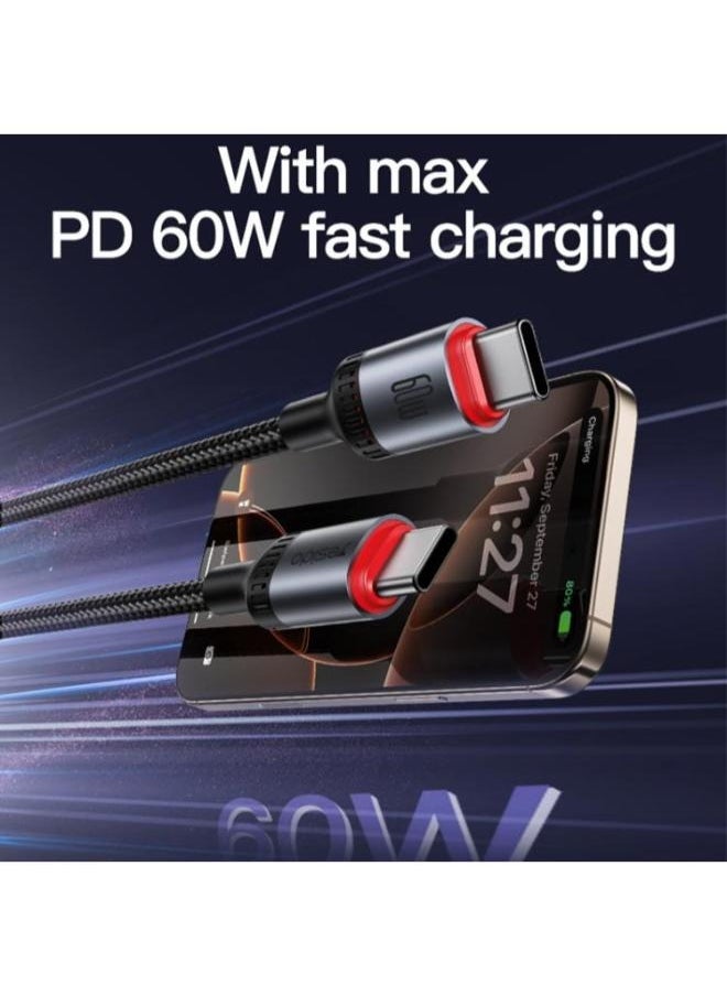 يسيدو - كابل شحن بيانات USB-C / Type-C إلى USB-C / Type-C من Yesido CA181 PD60W 3A، الطول: 1.2 متر (أسود) - Image 1