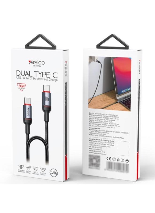 يسيدو - كابل شحن بيانات USB-C / Type-C إلى USB-C / Type-C من Yesido CA181 PD60W 3A، الطول: 1.2 متر (أسود) - Image 1