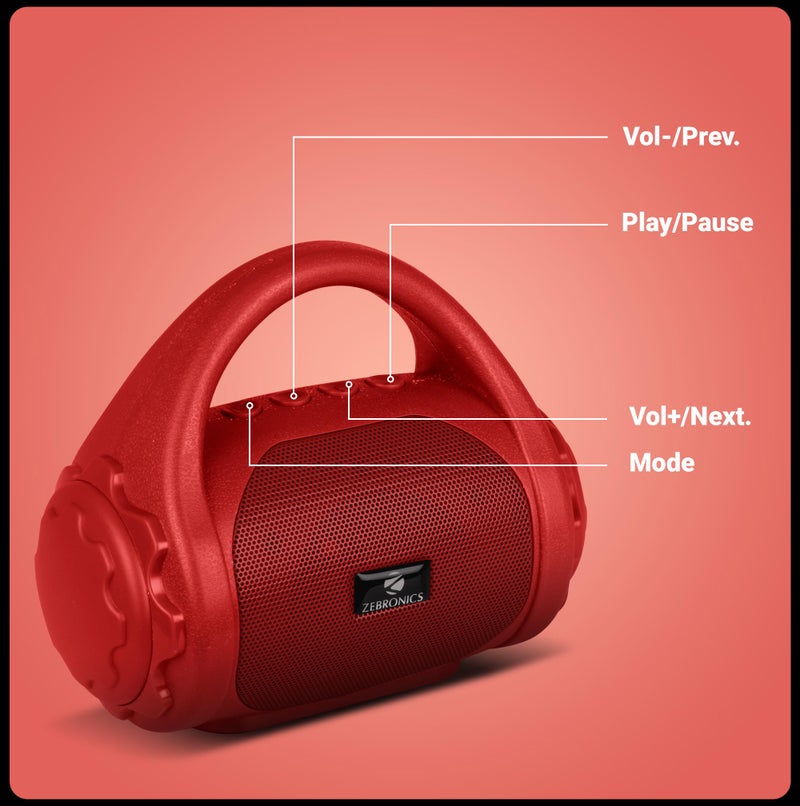 Zebronics ZEB-COUNTY 3W Wireless Bluetooth Portable Speaker With Supporting Carry Handle, USB, SD Card, AUX, FM & Call Function (Red) - Image 3