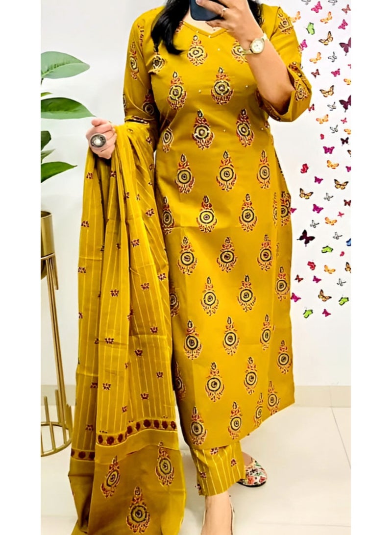 IndHeritage Premium yellow colour, cotton 3 piece kurti set - IDH00218  - Image 1