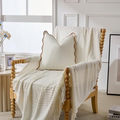 Mayler Yee Scalloped Throw Pillow Covers Set of 2 for Living Room, Cotton & Linen, Boho Sytle Decorative Home. Fabric Feels a Little Stiff, Because Scalloped Edges Require (Beige & Brown, 18x18 Inch) - Image 3