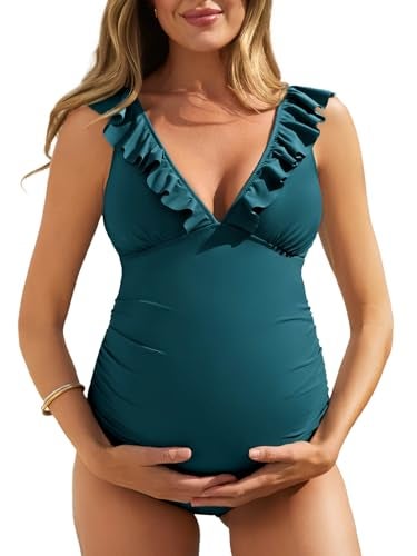 Summer Mae Ruffle Maternity Swimsuit One Piece V-Neck Pregnancy Bathing Suit Lace Up Swimwear Push Up Monokini Peacock Blue L - Image 1