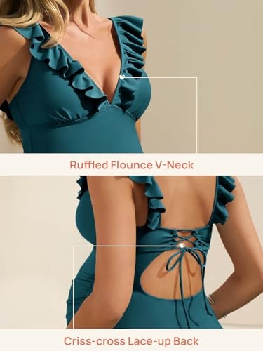 Summer Mae Ruffle Maternity Swimsuit One Piece V-Neck Pregnancy Bathing Suit Lace Up Swimwear Push Up Monokini Peacock Blue L - Image 4