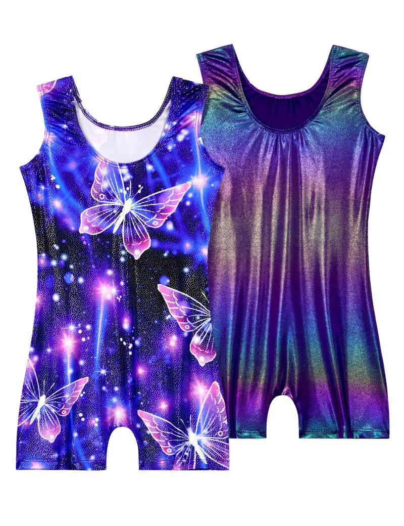 Nokecina Gymnastics Leotards for Girls Size 8-9 Years Old Shiny Purple Butterfly 2 Packs Stretchy Gym Outfits - Image 2