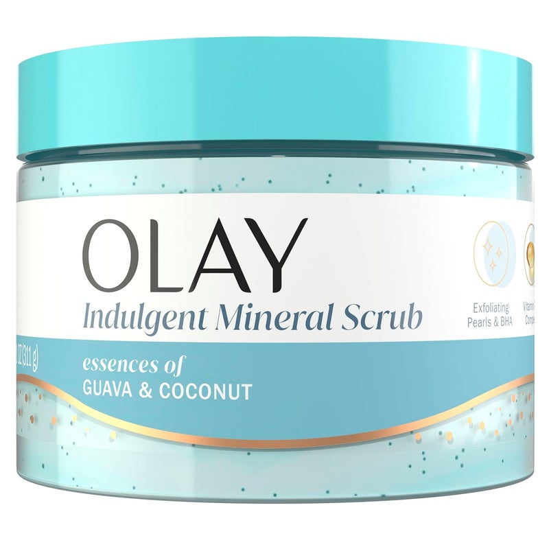 Olay Indulgent Mineral Scrub Skin Exfoliating  Massaging Pearls Renewing BHA Vitamin B3 Complex Essences of Coconut  Guava Scent 11 oz