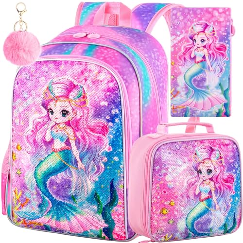 KLFVB 3PCS Mermaid Backpack for Girls, 16" Sequin Kids Bookbag and Lunch Box, Preschool Backpacks for Elementary Students - Image 1