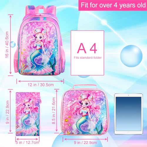 KLFVB 3PCS Mermaid Backpack for Girls, 16" Sequin Kids Bookbag and Lunch Box, Preschool Backpacks for Elementary Students - Image 4