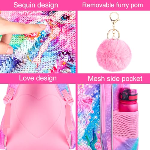 KLFVB 3PCS Mermaid Backpack for Girls, 16" Sequin Kids Bookbag and Lunch Box, Preschool Backpacks for Elementary Students - Image 5