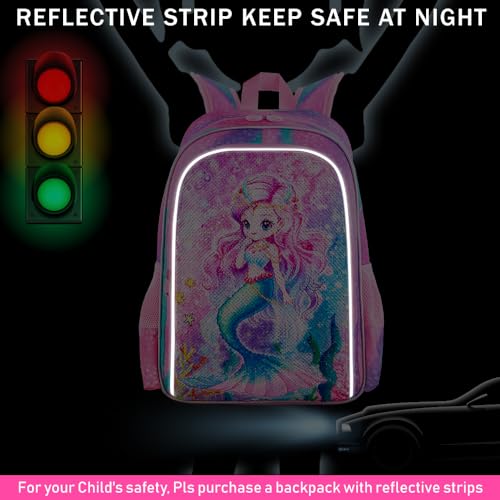 KLFVB 3PCS Mermaid Backpack for Girls, 16" Sequin Kids Bookbag and Lunch Box, Preschool Backpacks for Elementary Students - Image 3