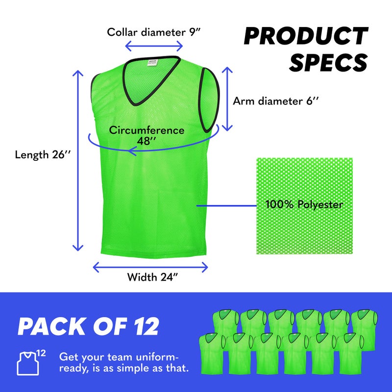 GSi Sports Pinnies - Pack of 12 - Free Size for Youth/Adult - 5 Color Options - Soccer, Basketball Practice Vest (Green) - Image 5