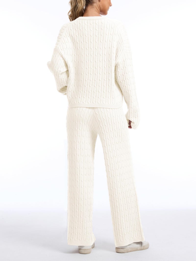 AnotherChill Women's Cable Knit Sweater Lounge Set â€“ Long Sleeve Pullover Top with Wide Leg Pants, 2 Piece Cozy Outfit (Beige, Medium) - Image 4