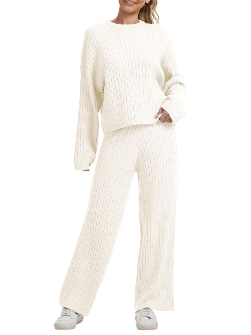 AnotherChill Women's Cable Knit Sweater Lounge Set â€“ Long Sleeve Pullover Top with Wide Leg Pants, 2 Piece Cozy Outfit (Beige, Medium) - Image 1