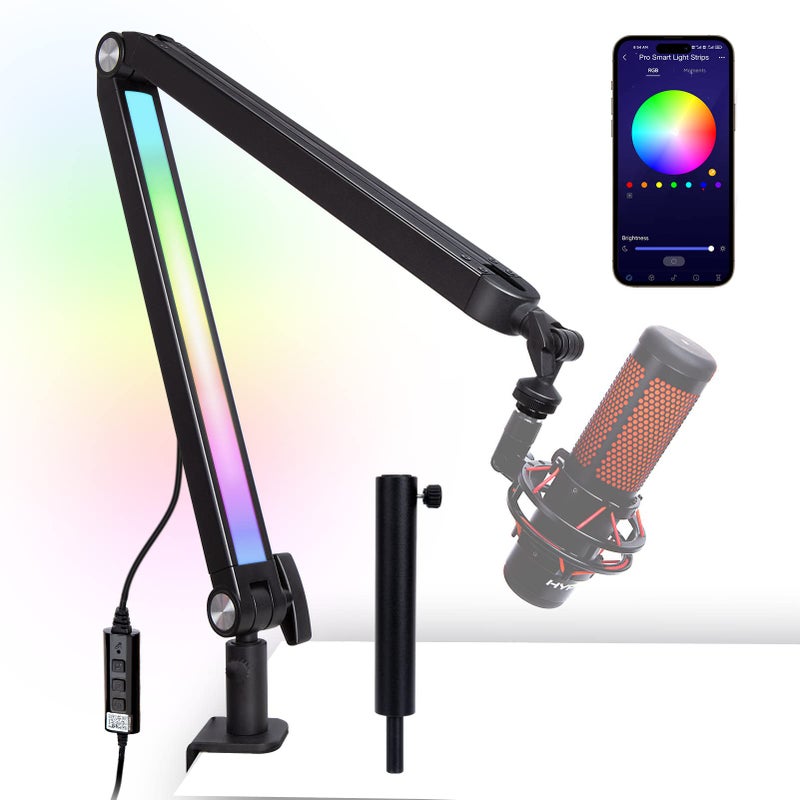 SUNMON ذراع بوم مع ضوء RGB - ذراع ميكروفون لـ HyperX QuadCast و Blue Yeti و Shure SM7B و Rode ومعظم ميكروفونات الألعاب، ذراع ميكروفون قابلة للتعديل في الارتفاع، حامل ميكروفون مكتبي لمعظم ميكروفونات USB من SUNMON - Image 1
