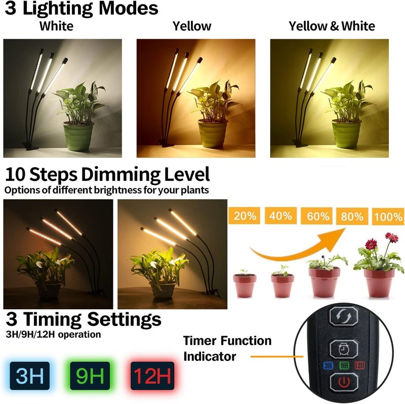 bseah Grow Light Plant Lights for Indoor Plants, Full Spectrum Led Growing Lamp with 3/9/12H Timer, Auto ON & Off, 10 Dimmable Lightness Clip-On Desk - Image 2