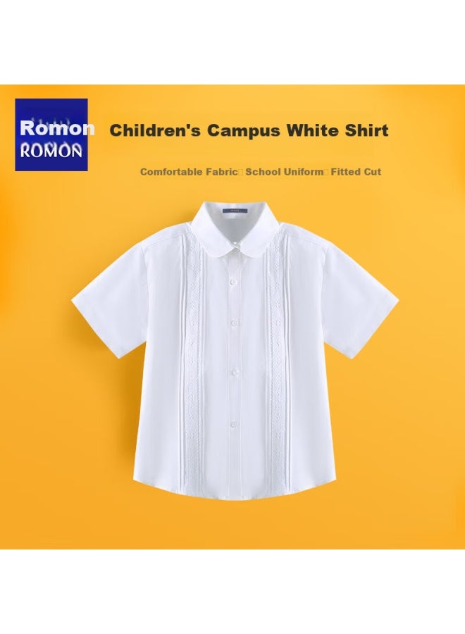 Romon Girls' Short Sleeve White Shirt With Lace Trim Campus Clothing Student Performance Costume Children'S Short Sleeve Shirt White 160 - Image 1