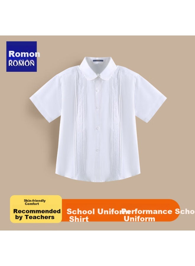 Romon Girls' Short Sleeve White Shirt With Lace Trim Campus Clothing Student Performance Costume Children'S Short Sleeve Shirt White 160 - Image 2