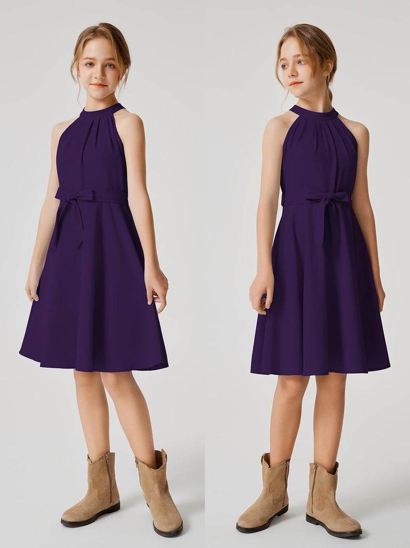 Quedoris Girls Halter Neck Sleeveless Belted Dress with Zipper Dark Purple 140Y - Image 3