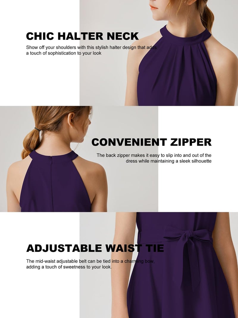 Quedoris Girls Halter Neck Sleeveless Belted Dress with Zipper Dark Purple 140Y - Image 5