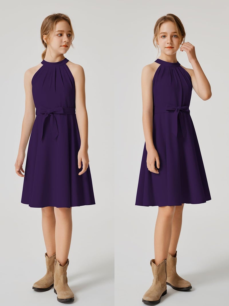 Quedoris Girls Halter Neck Sleeveless Belted Dress with Zipper Dark Purple 140Y - Image 2