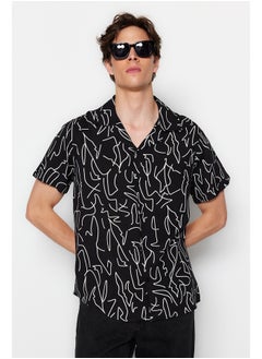Black Regular Fit Wide Collar Short Sleeve Flowy Geometric Summer Shirt TMNSS20GO0577