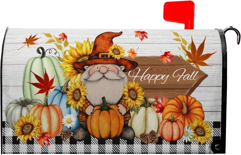 Farg Autumn Fall Thanksgiving Mailbox Covers Gnome Pumpkin Harvest Maple Leaves Mailbox Post Cover Letter Box for Garden Standard Size 21x18 in for Yard Home Decor - Image 1