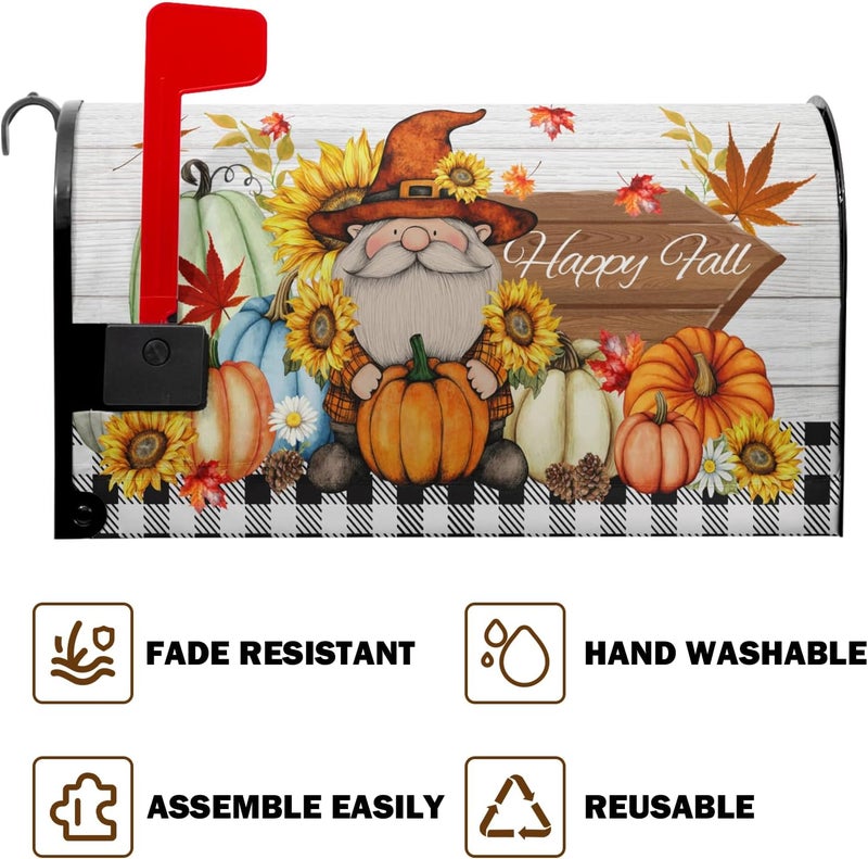 Farg Autumn Fall Thanksgiving Mailbox Covers Gnome Pumpkin Harvest Maple Leaves Mailbox Post Cover Letter Box for Garden Standard Size 21x18 in for Yard Home Decor - Image 5