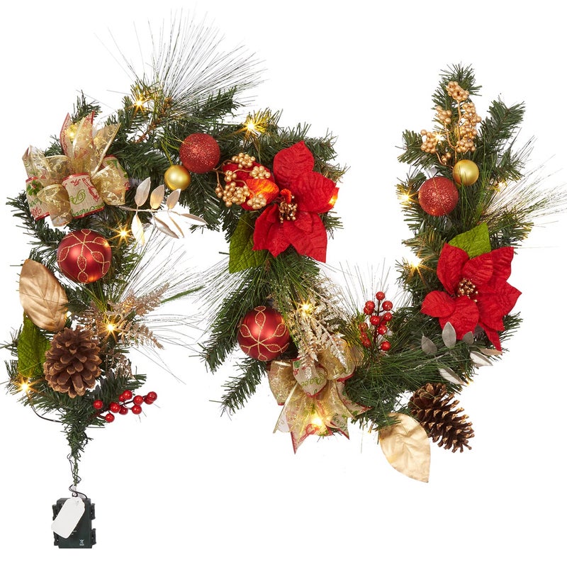 Adeeing 6FT Christmas Garland with Lights Prelit Artificial Christmas Garland with Pine Cones Poinsettia Cordless Xmas Garland for Fireplace Mantle Stairecase Indoor Outdoor Holiday Home Decorations