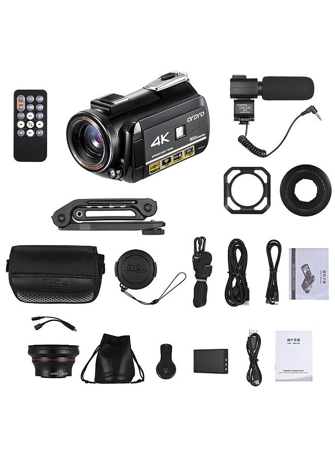 ORDRO - AC3 4K WiFi Digital Video Camera Camcorder DV Recorder 30MP 30X Zoom IR Night Vision 3.0 Inch IPS LCD Touchscreen - Image 1