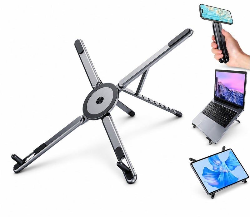 O2. 3-in-1 Foldable Aluminum Laptop Stand, Portable Adjustable Laptop Tablet and Phone Holder, Multi-Angle Desktop Riser with Compact Travel Design, Anti-Slip Pads and Space-Saving Support for Work, Study and Home Office - Image 1